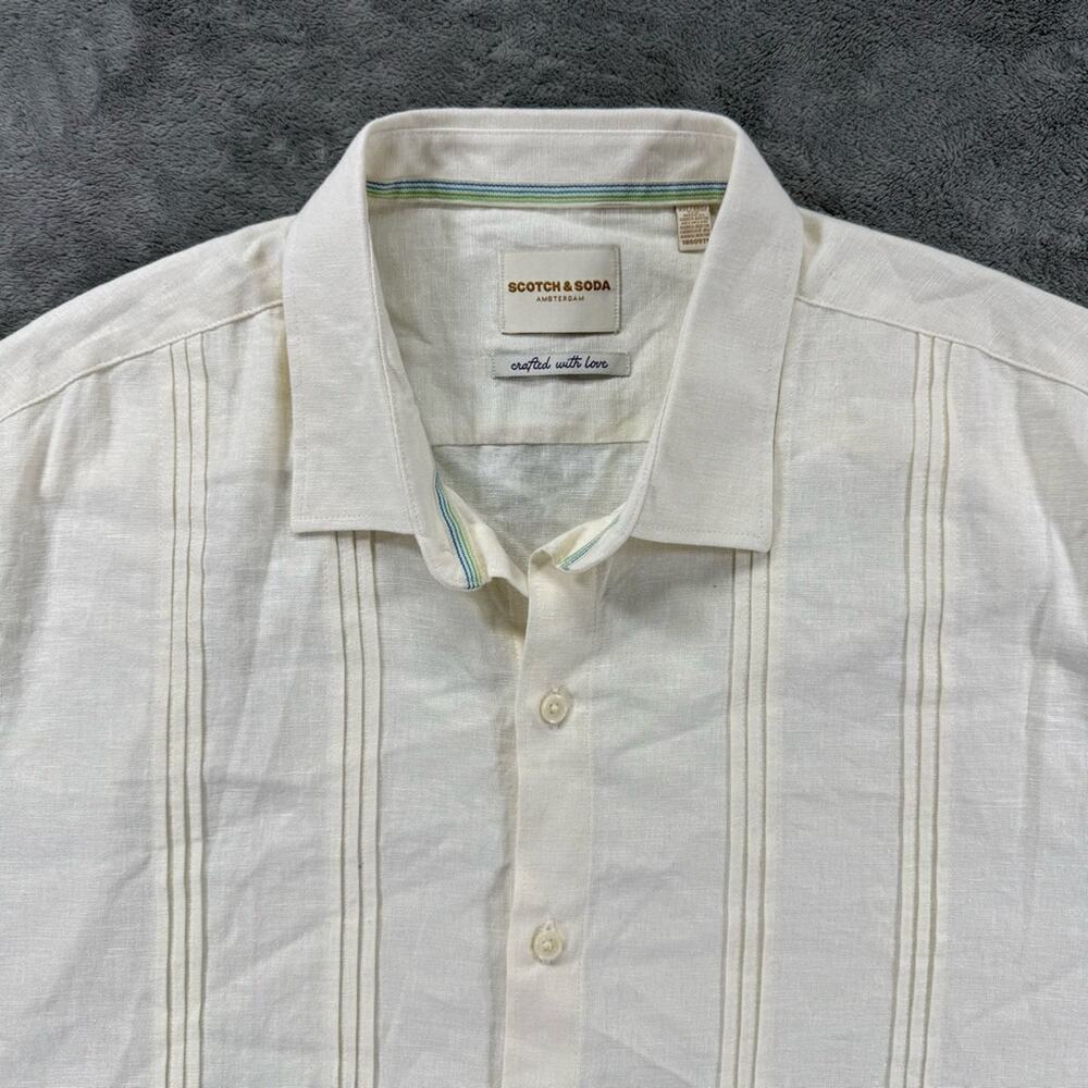 Scotch & Soda Men's Guayabera Linen Blend Button Up Shirt Ivory Summer Vacation